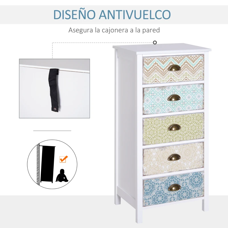 HOMCOM Cómoda con 5 Cajones con Frontales Estampados y Tiradores Vintage Mueble Cajonera para Salón 46x34x97,5 cm Multicolor(m-5)