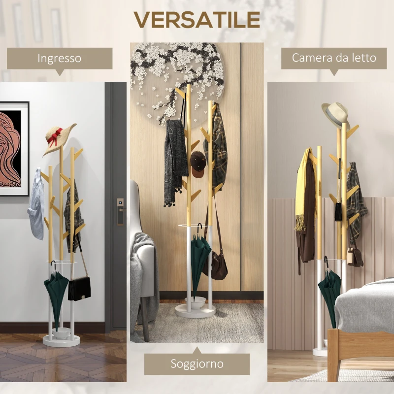 HOMCOM Appendiabiti da Terra di Design con Portaombrelli e 12 Ganci, Metallo e Bambù, 30.5x30.5x174.5cm, Legno e Bianco