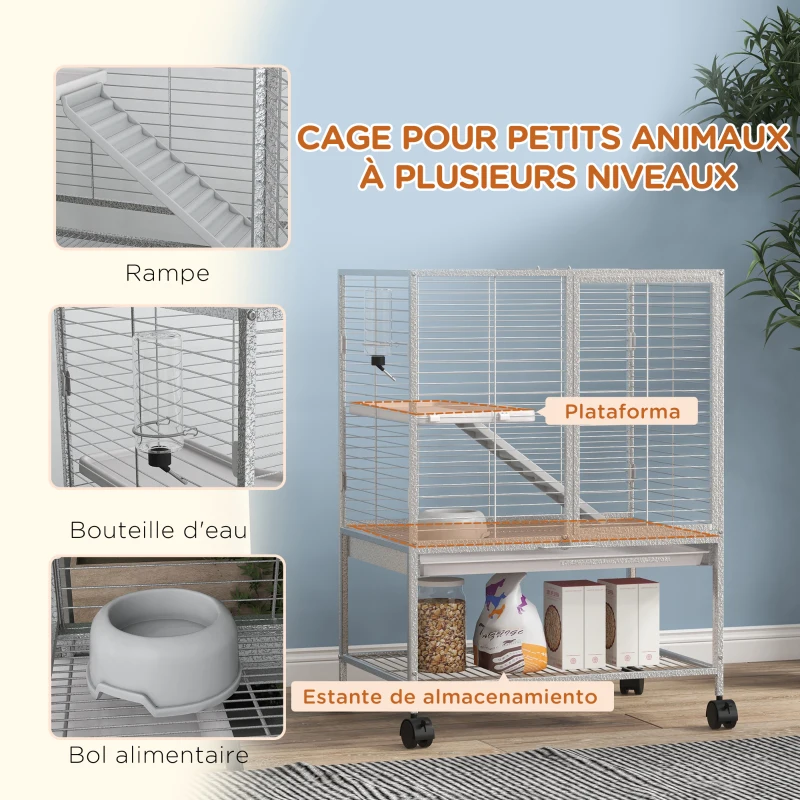 PawHut Cage pour petits animaux sur roulettes 2 niveaux avec 2 portes, 1 rampe, 1 étagère de rangement 61,5 x 44,5 x 86 cm gris