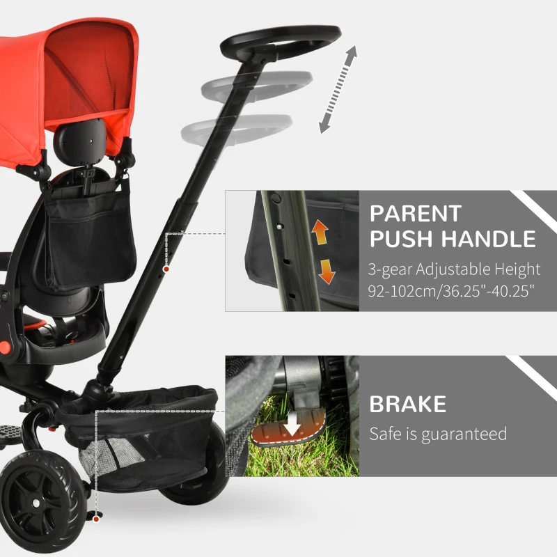 HOMCOM 4 in 1 Kids Trike Toddler Foldable Pedal Tricycle w/ Reversible Angle Adjustable Seat Removable Handle Canopy Handrail Belt Storage Footrest Brake Clutch for 1-5 Years - Red