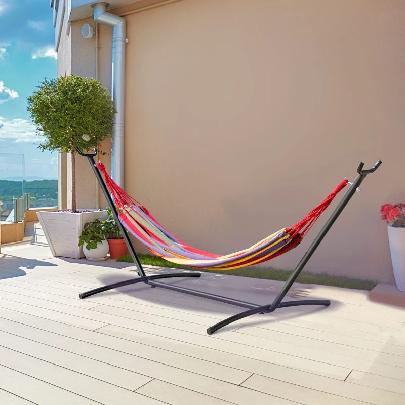 Outsunny Hängematte mit Gestell 200x150cm 6-stufig Höhenverstellbar Tragetasche für Terrasse Baumwolle Stahl Outdoor