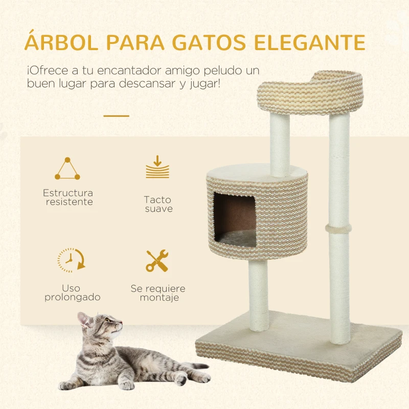 PawHut Árbol Rascador para Gatos Árbol de Actividades para Gatos con Cueva de Felpa Postes de Yute Plataforma Cómoda 61x41x96 cm Beige y Café