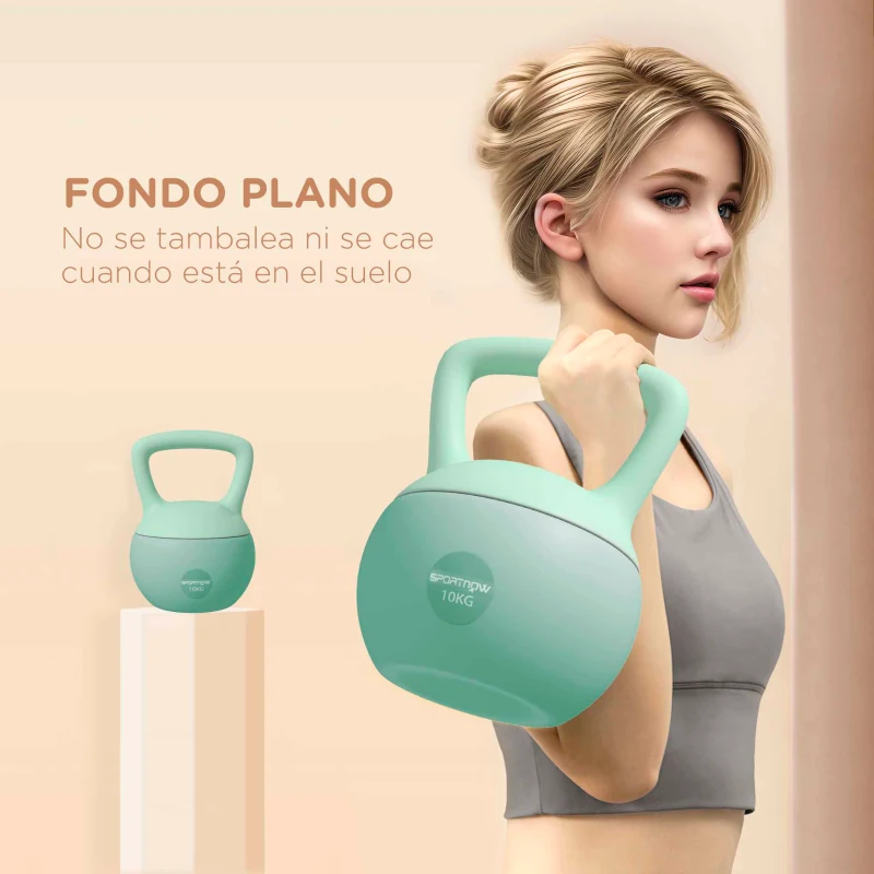 SPORTNOW Pesa Rusa 10 kg Kettlebell Relleno de Arena Metálica y Mango Antideslizante para Entrenamiento en Casa 21x21x30 cm Verde
