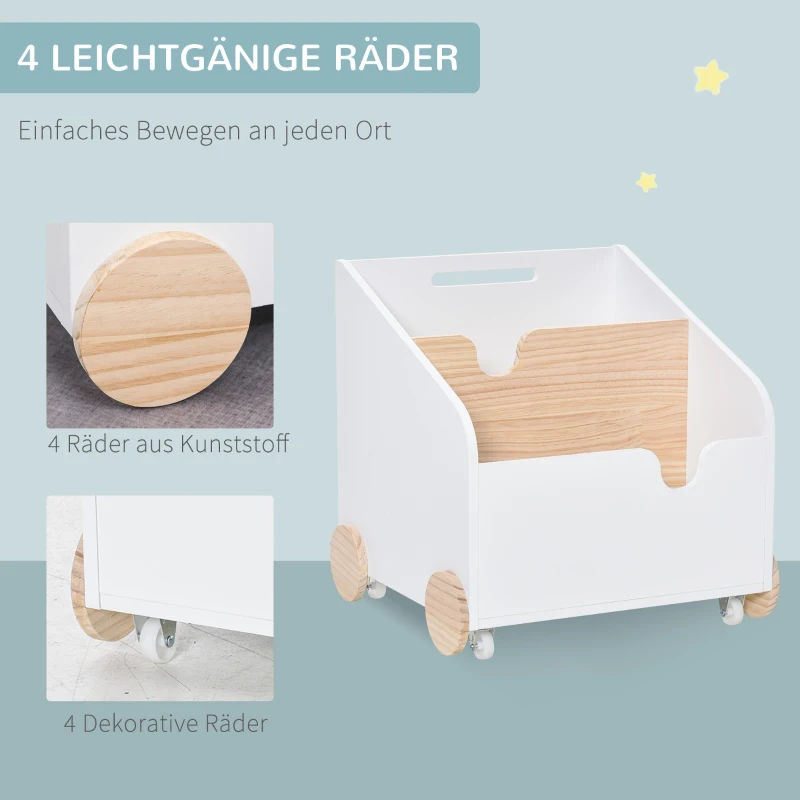HOMCOM Kinderbücherregal mit Räder Bücherregal für Kinder Aufbewahrungsregal Spielzeugregal mit großem Stauraum MDF Kiefernholz Metall Kunststoff Weiß+Naturholz 40 x 43 x 43 cm