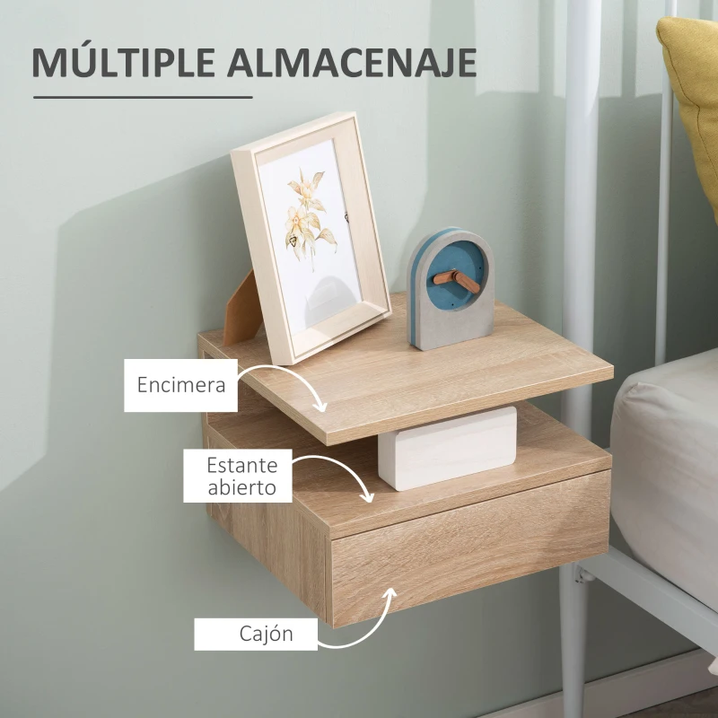HOMCOM Set de 2 Mesitas de Noche Flotantes con 1 Cajón y Estante Abierto Diseño Moderno Montado en la Pared 35x32x22,5 cm Roble