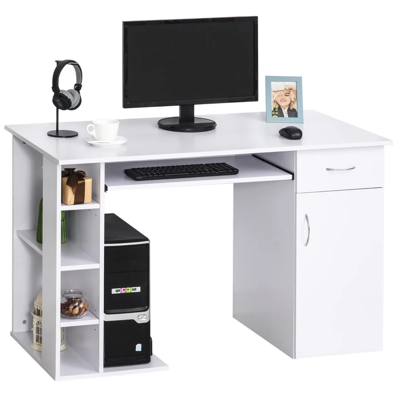 HOMCOM Scrivania per PC Ergonomica con Mensole, Armadietto, Cassetto e Piano Tastiera Estraibile, Bianca, 120x60x74cm