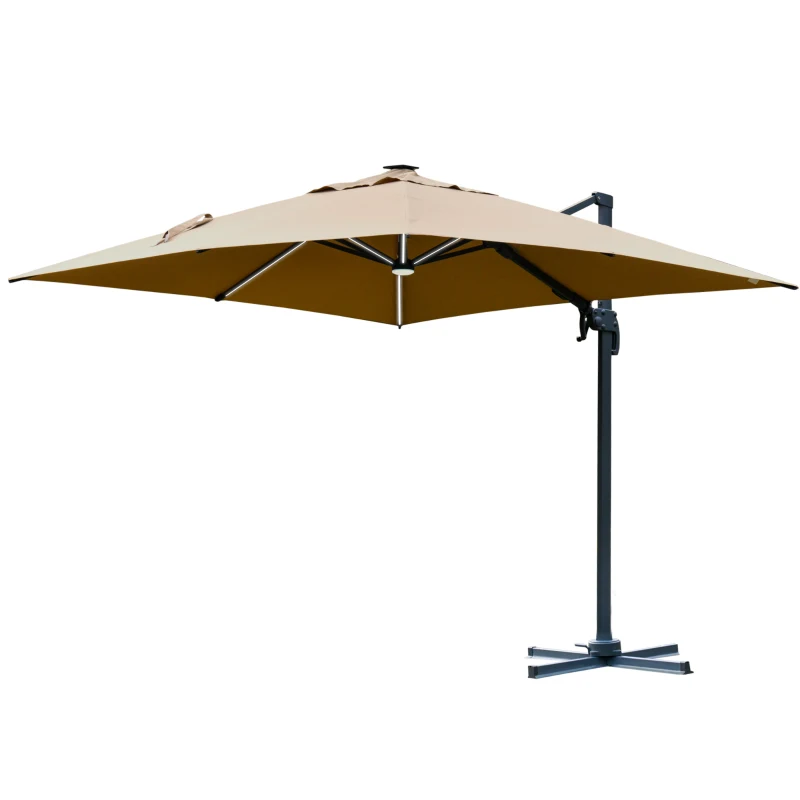 Outsunny Parasol déporté carré parasol LED inclinable pivotant 360° manivelle piètement acier dim. 3L x 3l x 2,74H m beige