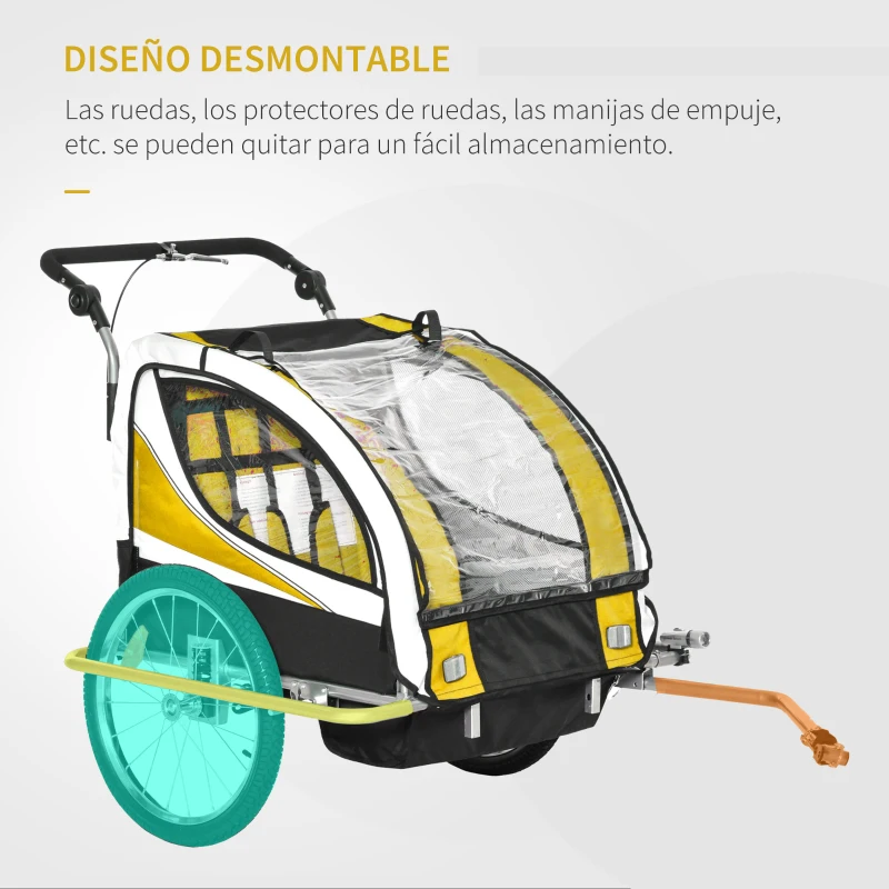 HOMCOM Remolque para Bicicleta con Barra para Niños de 2 Plazas con Rueda Delantera Giratoria 360° y Asiento Acolchado Carga Máx. 40 kg Amarillo