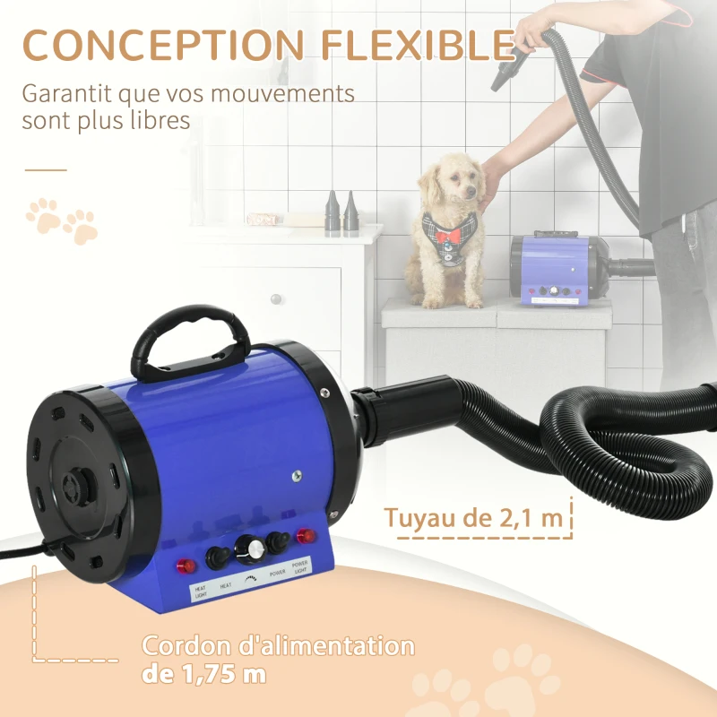 PawHut Séchoir professionnel sèche-poils toilettage pulseur sèche-cheveux pour chiens chats animaux 2800W vitesse et température réglable 3 buses interchangeables incluses bleu
