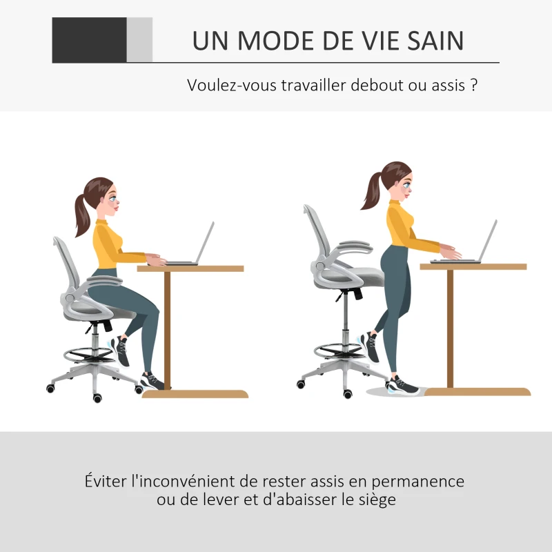 Vinsetto Fauteuil de bureau chaise de bureau assise debout hauteur réglable repose-pieds accoudoir rabattable pivotant 360° maille respirante dim. 64L x 60l x 106-126H cm gris et blanc