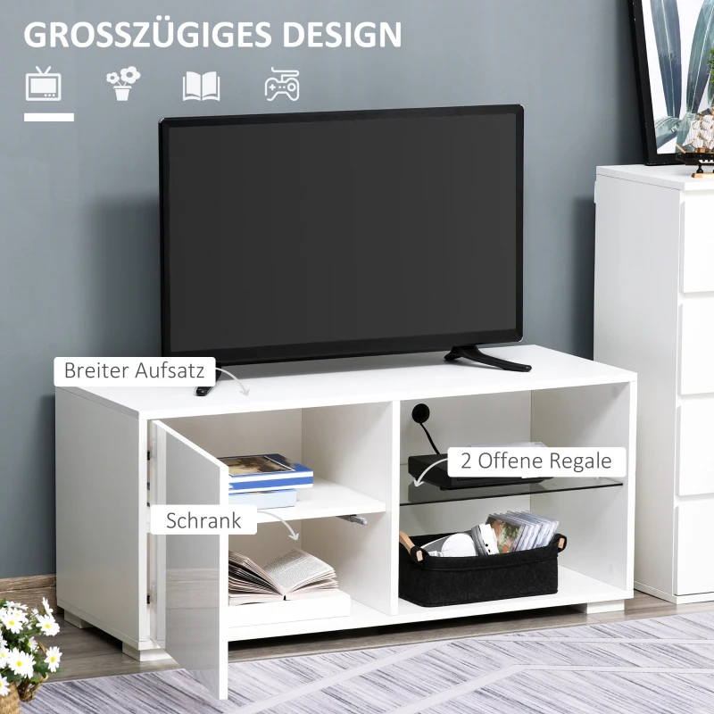 HOMCOM TV Schrank, TV-Kommode mit Schubladen und offenen Regalen, Fernsehschrank, Fernsehtisch, Glas, Weiß, 100 x 40 x 45 cm