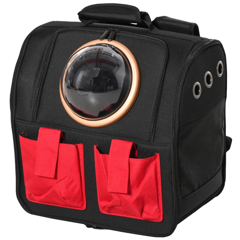 PawHut Haustier Rucksäcke mit transparentem Fenster faltbar Gepäckträger Transporttasche Oxford-Gewebe PE EVA Schwarz+Rot 38 x 24 x 38cm