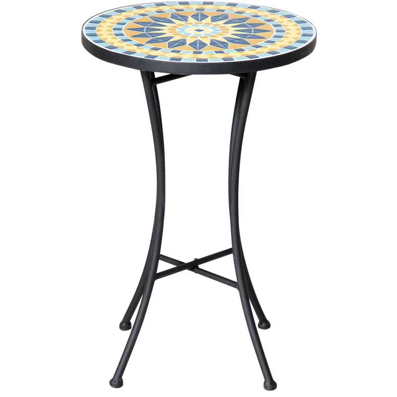 Outsunny Tavolino da Giardino in Metallo con Piano d'Appoggio a Mosaico, Ф35.5x53.5cm