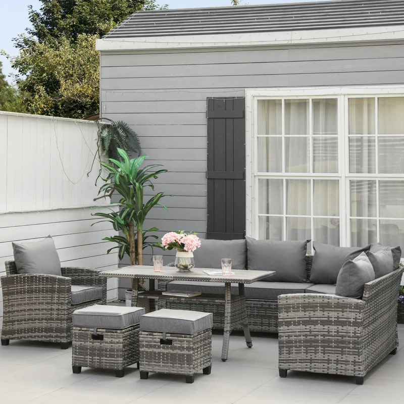 Outsunny Luxus Polyrattan Gartenmöbel Set für 7 Personen Gartengarnitur Loungemöbel mit Beistelltisch Sitzkissen Grau