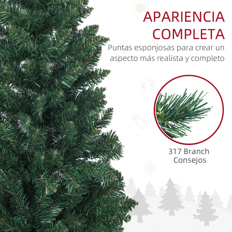 HOMCOM Árbol de Navidad Tipo Lápiz 150 cm con Base Plegable y 317 Ramas para Dormitorio Oficina Verde