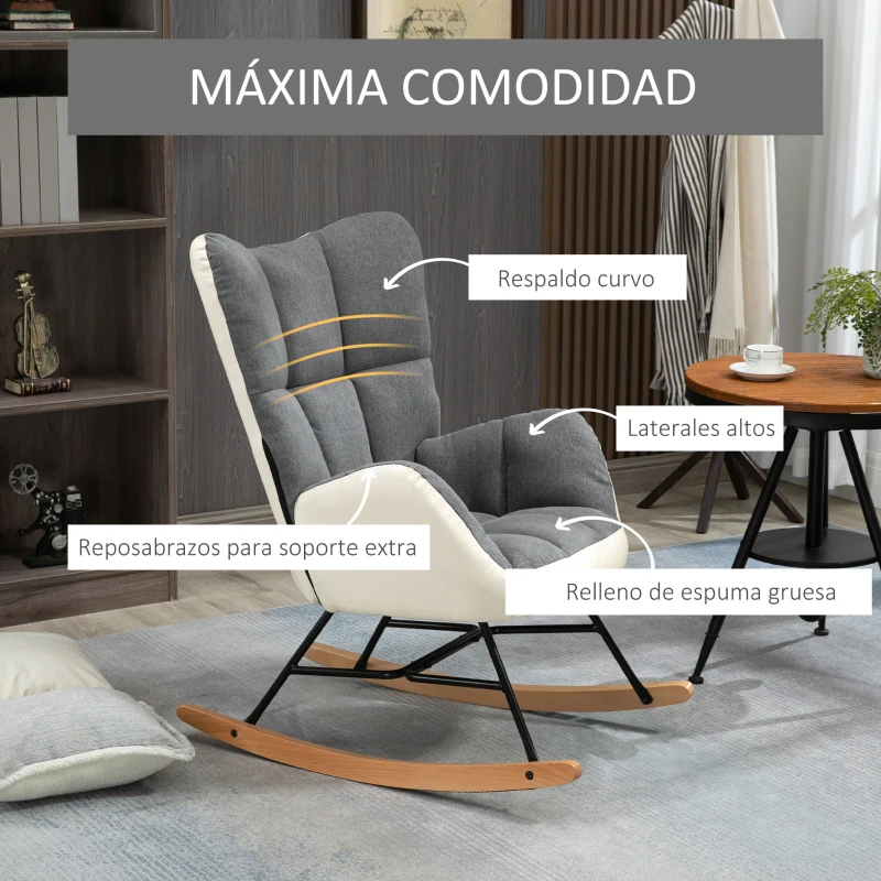 HOMCOM Silla Mecedora Tapizada en Lino y Cuero Sillón Balancín Relax con Asiento Acolchado y Reposabrazos 42x46x47 cm Gris