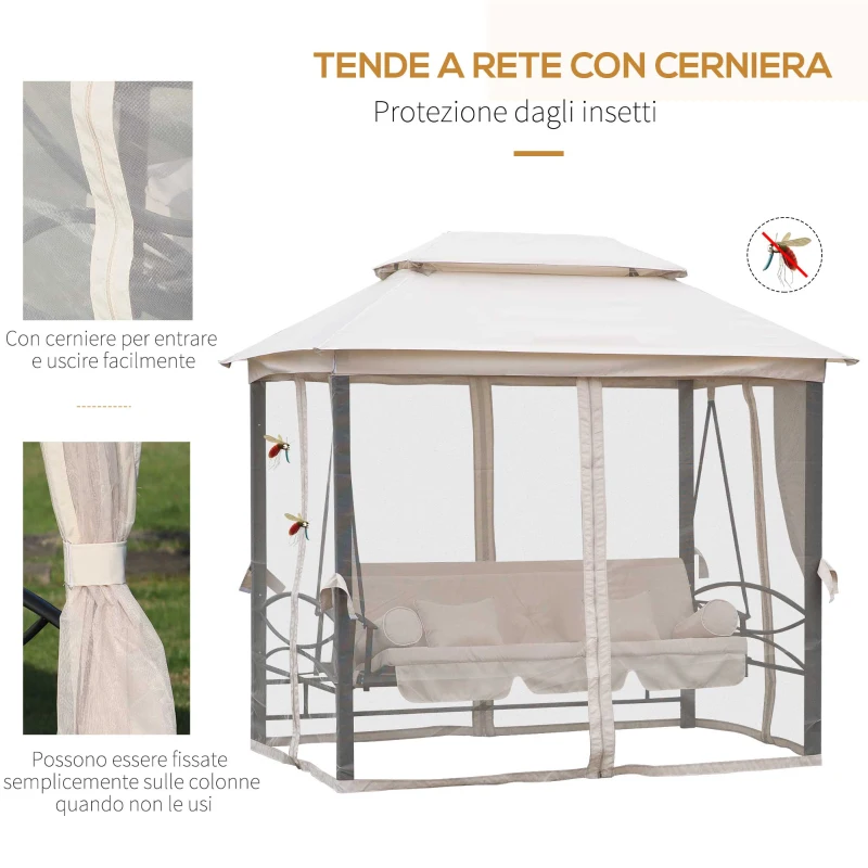 Outsunny Dondolo 3 Posti e Lettino Singolo Copertura a Gazebo con Zanzariera e Cuscini 256x172x248cm Crema