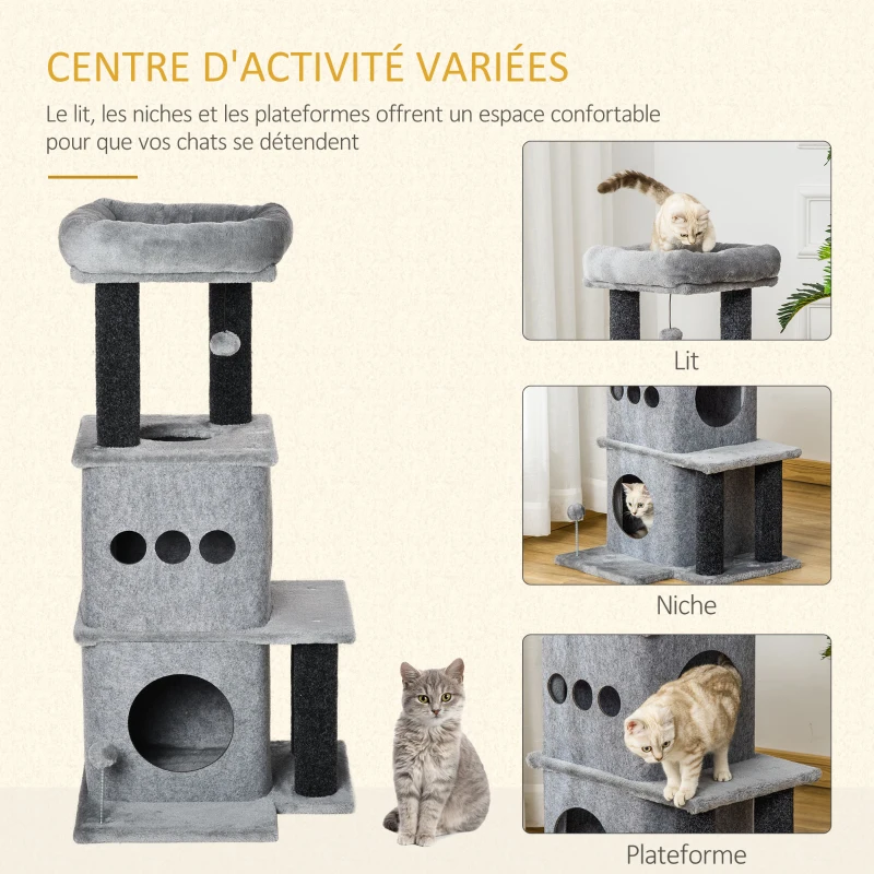 PawHut Arbre à chats design cosy chic multi-équipements centre d'activités niches plateformes lit jeu boule feutres amovibles lavables panneaux de particules peluche courte 48 x 48 x 100 cm gris