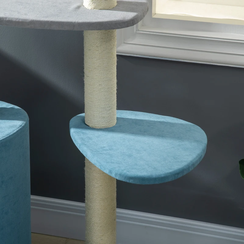 PawHut Kratzbaum mit Kratztonne inkl. Kratzball für Katzen, 87 cm x 60 cm x 122 cm, Blau + Grau + Gelb