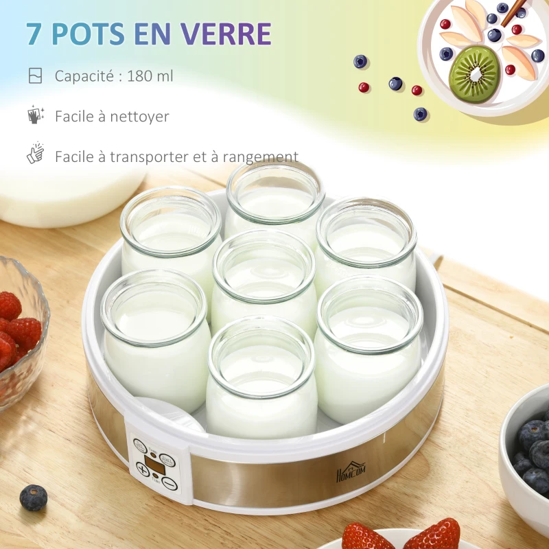 HOMCOM Yaourtière 7 pots de 180ml machine à yaourt électrique en acier inoxydable thermostat réglable 24 x 24 x 13 cm blanc