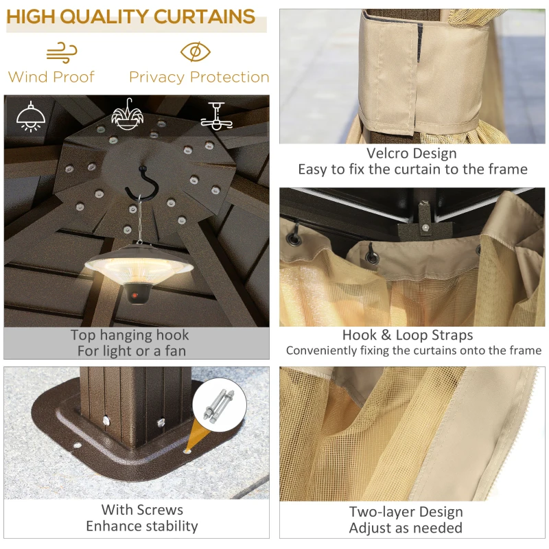 Outsunny 3 x 3(m) Metal Hardtop Gazebo, with Curtains and Accessories - Brown