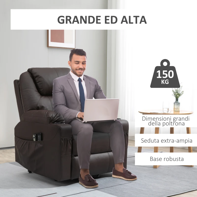 HOMCOM Poltrona Alzapersona Reclinabile fino a 135° con Portabicchieri, Telecomando e Poggiapiedi 88x92x106 cm, Marrone