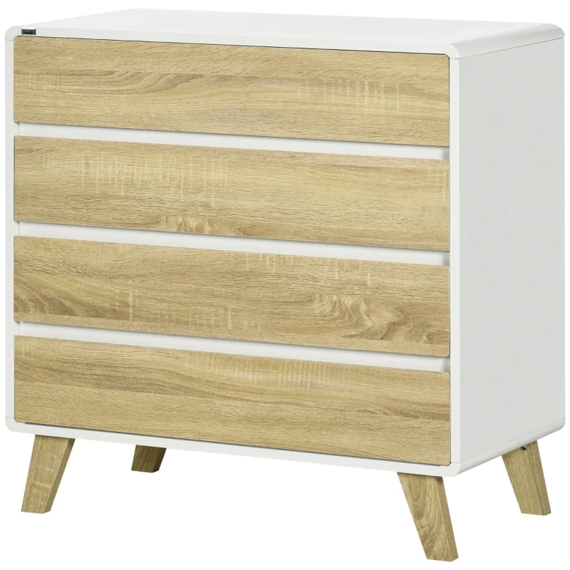 HOMCOM Kommode mit 4 Schubladen, MDF, Kantengriffe, 80 cm x 40 cm x 79,5 cm, Weiß + Natur