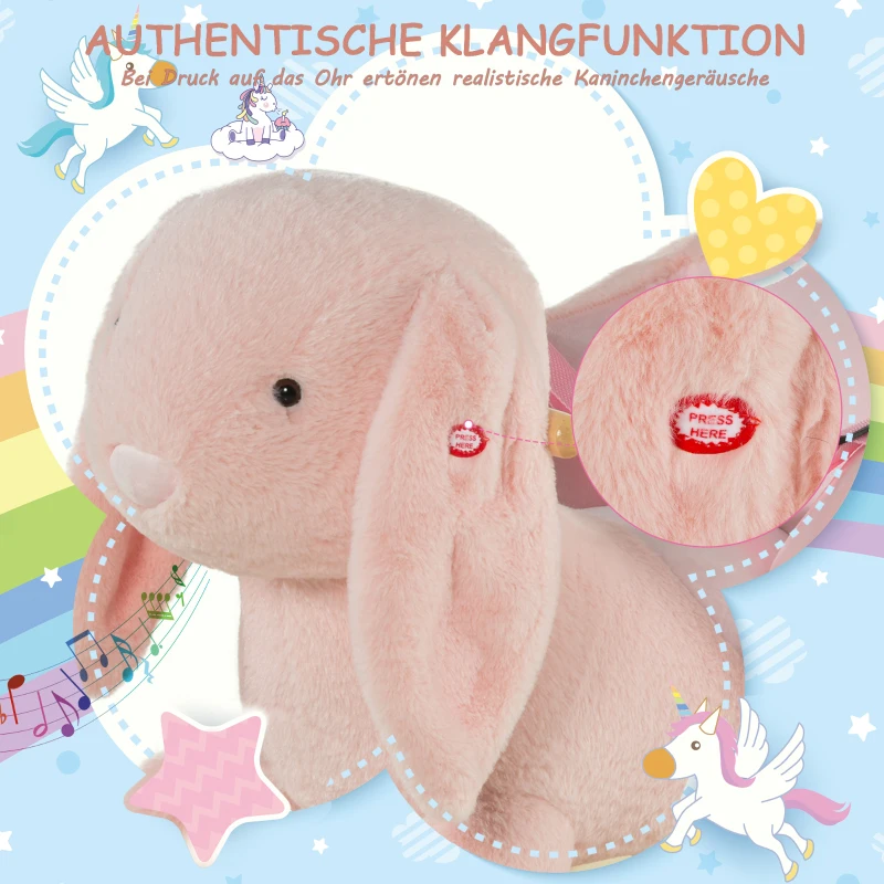 HOMCOM Schaukelpferd Kaninchen Kinder Schaukelpferd mit Geräuschen Sicherheitsgurt Schaukeltier für 18-36Monate, Massivholz, Plüsch, 60 x 33 x 50 cm, Rosa