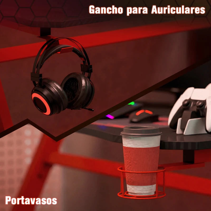 HOMCOM Mesa Gaming 120x65x74,5 cm Escritorio Ergonómico Gaming desk para Computadora PC con Portavasos Gancho para Auriculares y Pies Ajustables Efecto de Fibra de Carbono Rojo