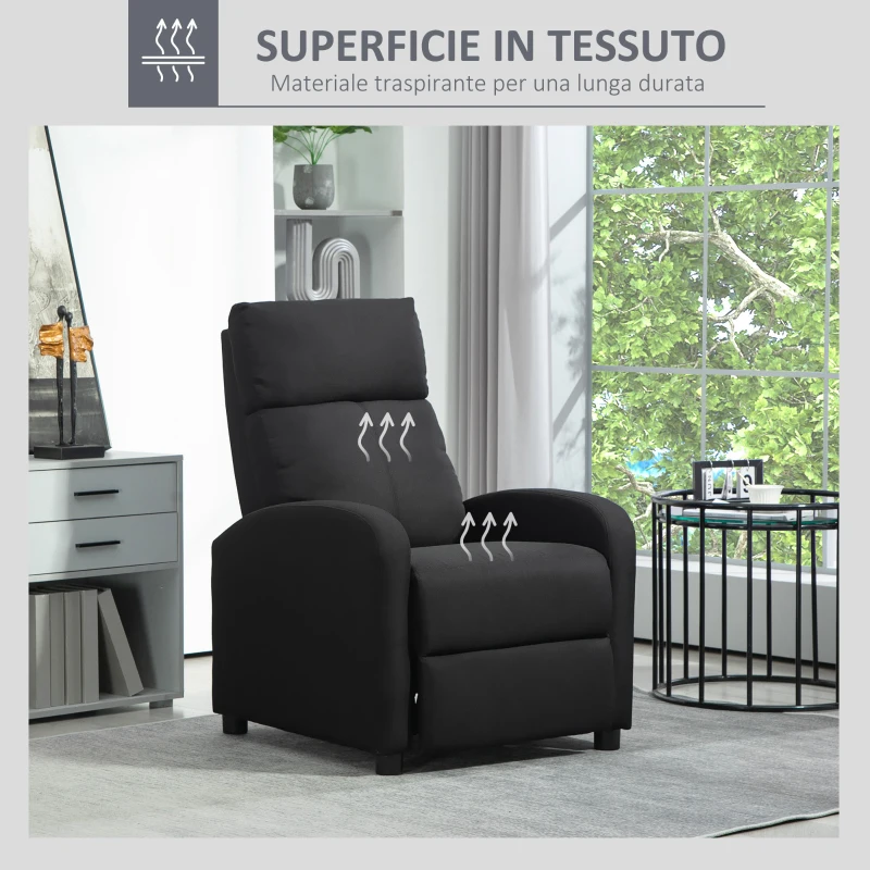 HOMCOM Poltrona Relax Imbottita con Schienale Reclinabile 135° e Poggiapiedi Estraibile, in Lino Nero, 69x87x100.5cm