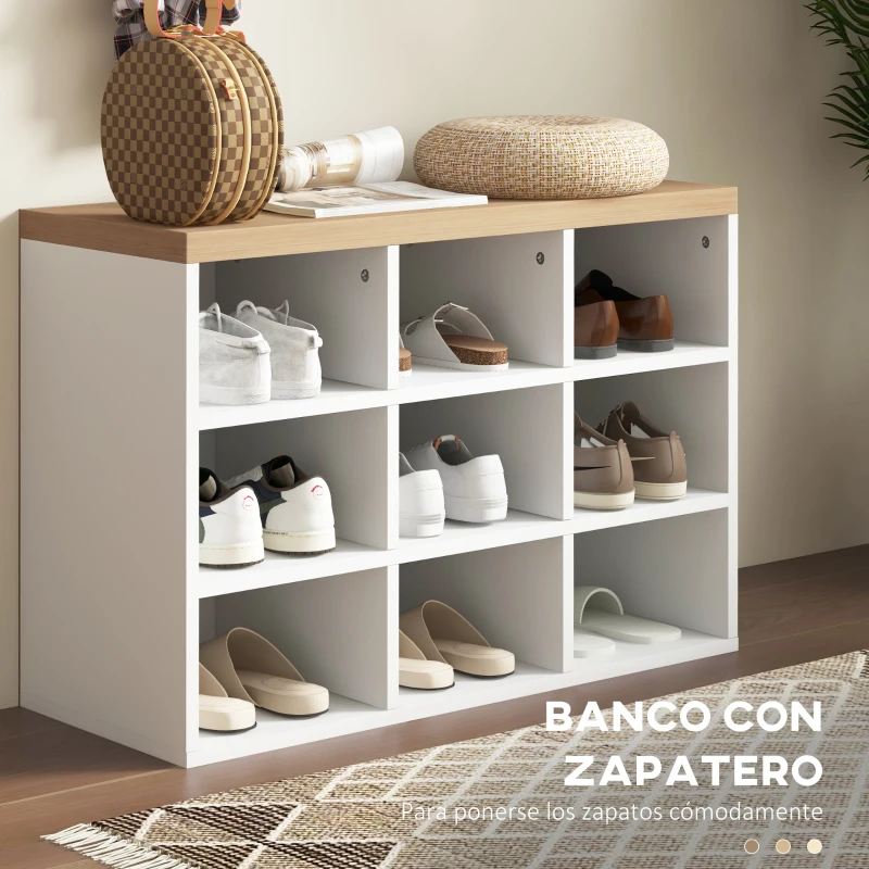 HOMCOM Recibidor con Perchero y Banco Zapatero Muebles de Entrada con 3 Ganchos y Estantes para 9 Pares de Zapatos Blanco