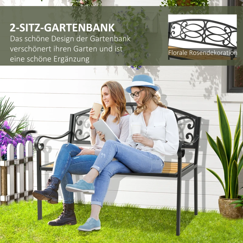 Outsunny Gartenbank 2-Sitzer Sitzbank aus Holz Metall Parkbank bis 220 kg Bank Terrassenbank mit Rückenlehnen Gartenmöbel Massivholz Schwarz+Natur 127 x 52 x 88 cm