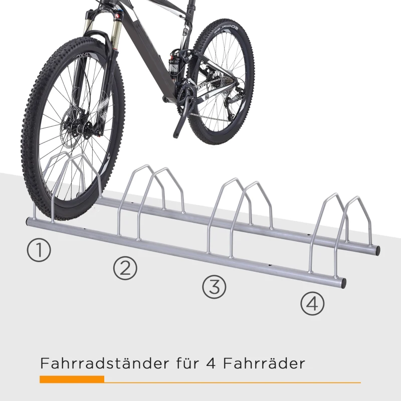 HOMCOM Fahrradständer für 4 Fahrräder Stahl Fahrradhalter mit 35-55 mm Reifenbreiten freistehender Bodenparker Abstellständer Radständer für Boden- oder Wandmontage 108,5 x 30 x 21,5cm Silber