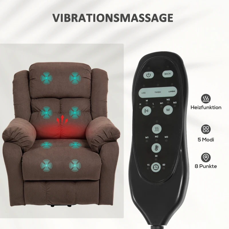 HOMCOM Aufstehsessel mit Massagefunktion und Lendenheizung, Recliner-Sessel mit Fernbedienungen und Seitentaschen, Dunkelbraun(m-5)
