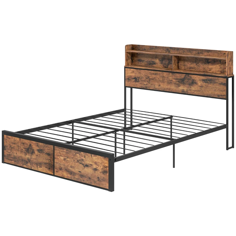 HOMCOM Industrial King Bed Frame, 5.2FT Steel Bed Base with Storage Headboard, Footboard, Slatted Support and Under Bed Storage, 158 x 222cm, Rustic Brown