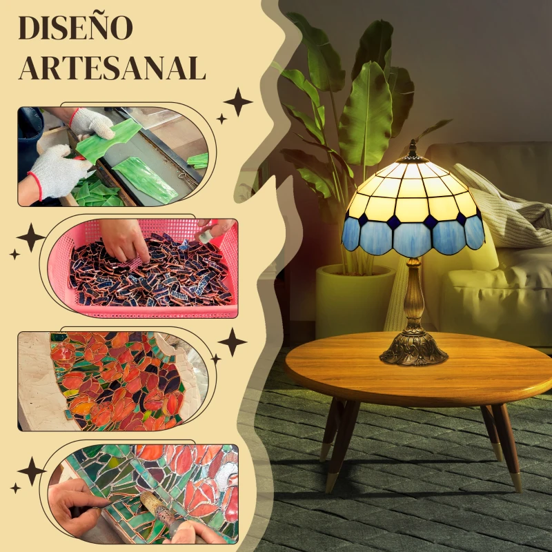 HOMCOM Lámpara de Mesa Estilo Clásico Hecha a Mano Lámpara de Noche de Vidrio para Dormitorio Salón Ø31x48 cm Azul