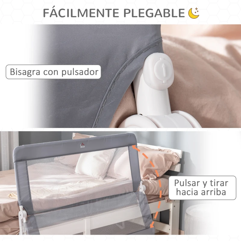 HOMCOM Barrera de Seguridad de Cama para Niños 120 cm con Altura de Cuerda Ajustable Barandilla Abatible Tela Extraíble y Lavable Protección Anticaídas 120x40x60 cm Gris