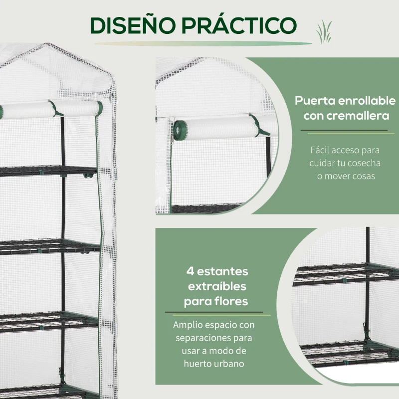 Outsunny Invernadero de Jardín con 4 Estantes y Cubierta de PE 140g/m² Tipo Caseta de Tubo Acero Vivero Casero para Cultivo de Plantas Flores Macetas Balcón Terraza 70x50x160 cm Blanco