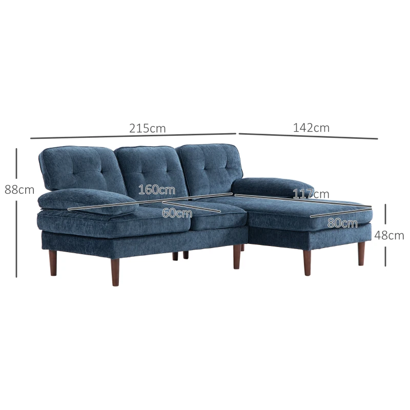 HOMCOM Sofá Chaise Longue en Forma de L Tapizado en Poliéster con Reposabrazos para Salón Carga 250 kg 215x142x88 cm Azul