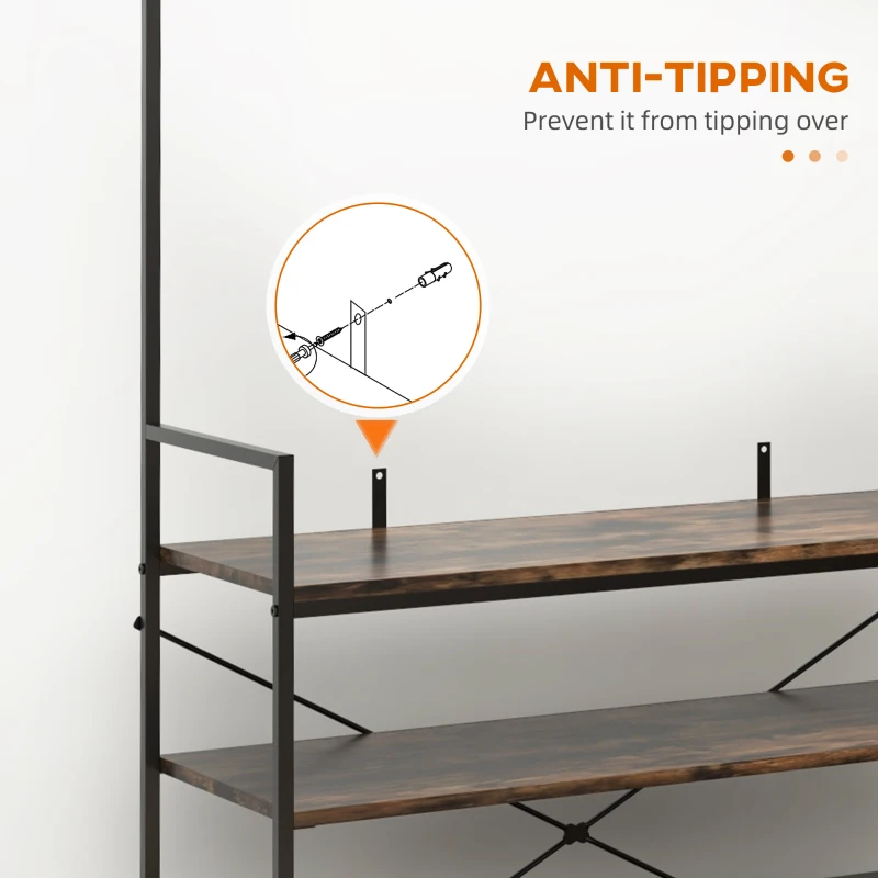 HOMCOM Coat Stand, Industrial Coat Rack with Shoe Storage, Free Standing Hall Tree with 5 Hooks, 5 Shelves and Steel Frame for Hallway, Entryway, Rustic Brown