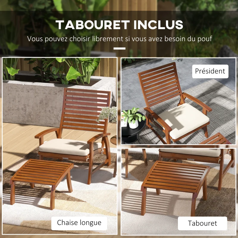Outsunny Fauteuils de jardin - chaises relax avec repose-pieds lot de 2 - ensemble de 4 pièces bois d'acacia avec coussins crème