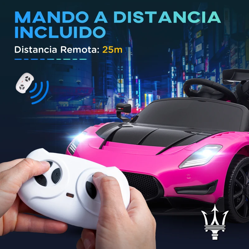 AIYAPLAY Coche Eléctrico para Niños de +3 Años Maserati GT2 con Mando a Distancia Faros LED Bocina Música Ruedas Auxiliares Rosa
