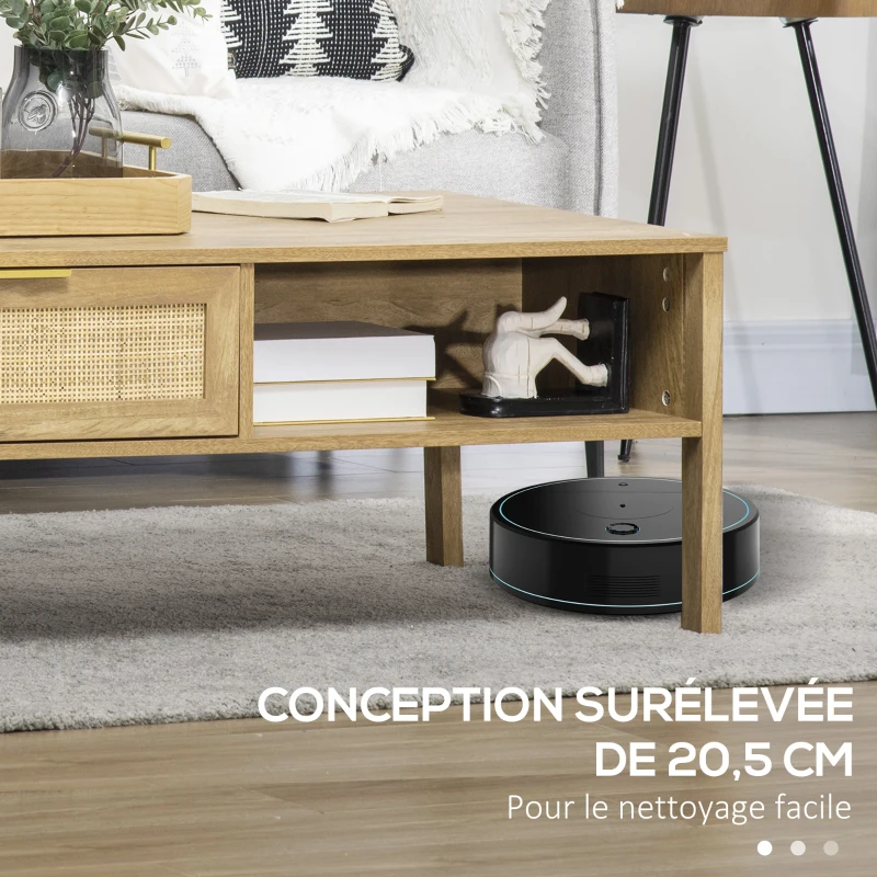HOMCOM Table basse rectangulaire table de salon avec multi-rangements niche et tiroir portes effet cannage rotin tissé