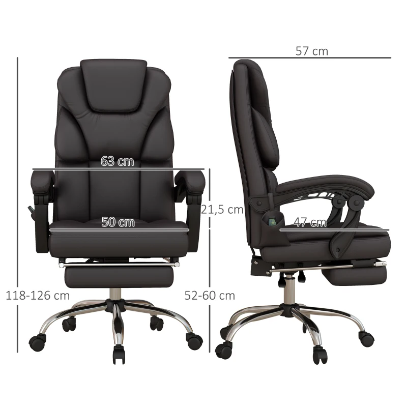 Vinsetto Silla de Oficina con 6 Puntos de Masaje Silla de Escritorio Reclinable de PU con Control Remoto 63x57x118-126 cm Marrón(m-3)