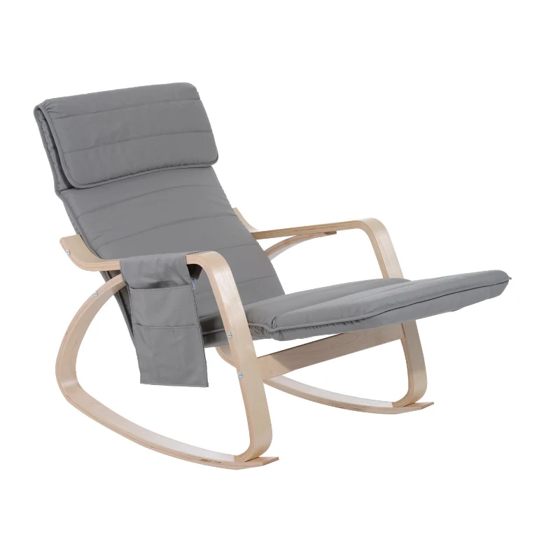 HOMCOM Silla de Relax Mecedora Balancín de Madera con Reposapiernas Ajustable y Bolsa para Revistas (Gris)