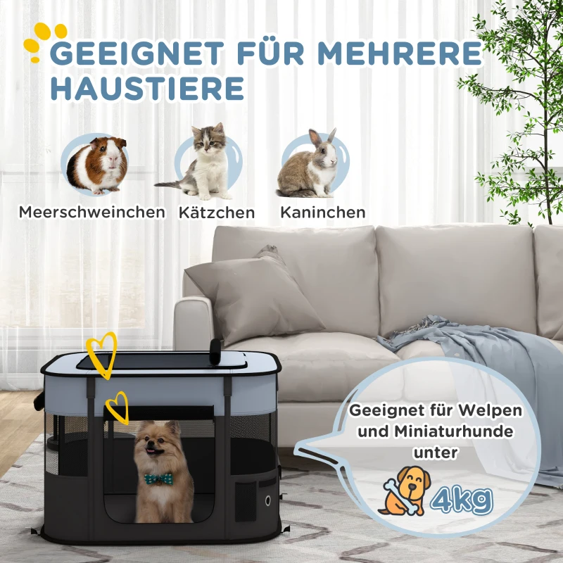 PawHut Spielgehege für Haustiere, faltbar, mit Aufbewahrungstasche, für Welpen und Kätzchen, drinnen und draußen, Grau(m-4)