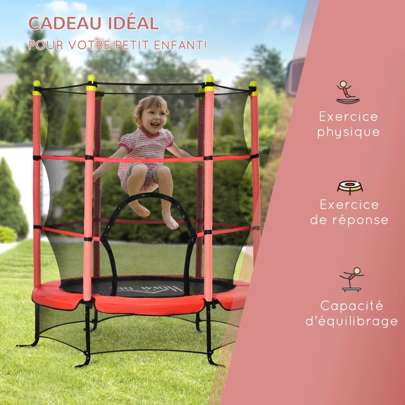 HOMCOM Trampoline Enfant Ø 1,63 × 1,63H m Filet de sécurité Porte zipée Couvre-Ressorts 6 poteaux rembourrés Inclus Rouge