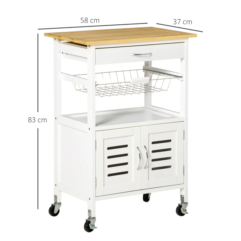 HOMCOM Carrito de Cocina con Ruedas Carro de Almacenamiento Multiuso con Encimera de Bambú Cajón Cesta Metálica y Armario de 2 Puertas de Persiana 58x37x85,5 cm Blanco