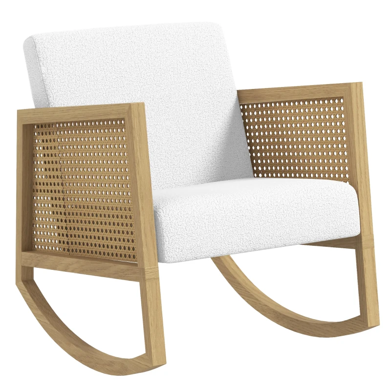 HOMCOM Schaukelstuhl im Boho-Design, Rattan-Dekor, weiche Polsterung, Stoffbezug, Naturholzrahmen, Creme