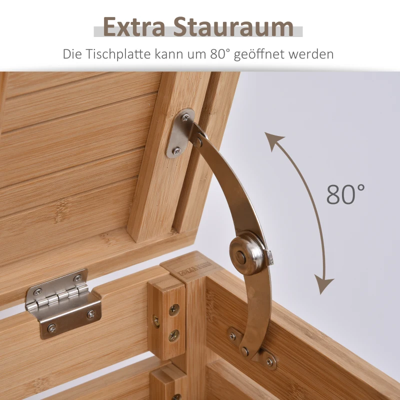 HOMCOM Badregal, Badzimmerregal mit Klappdeckel, Badezimmer Standregal mit 2 Ablagen, Bambus, Natur, 46 x 29,5 x 76,5 cm